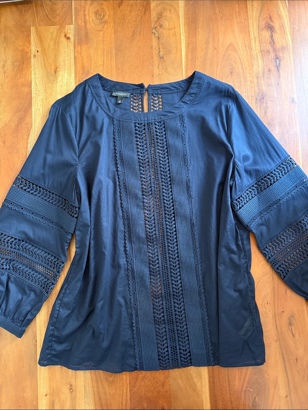 Talbots Women’s Navy Crochet-Panel Blouse Size Large